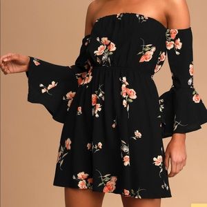 Lush Gardens Black Floral Print Off-The-Shoulder Mini Dress